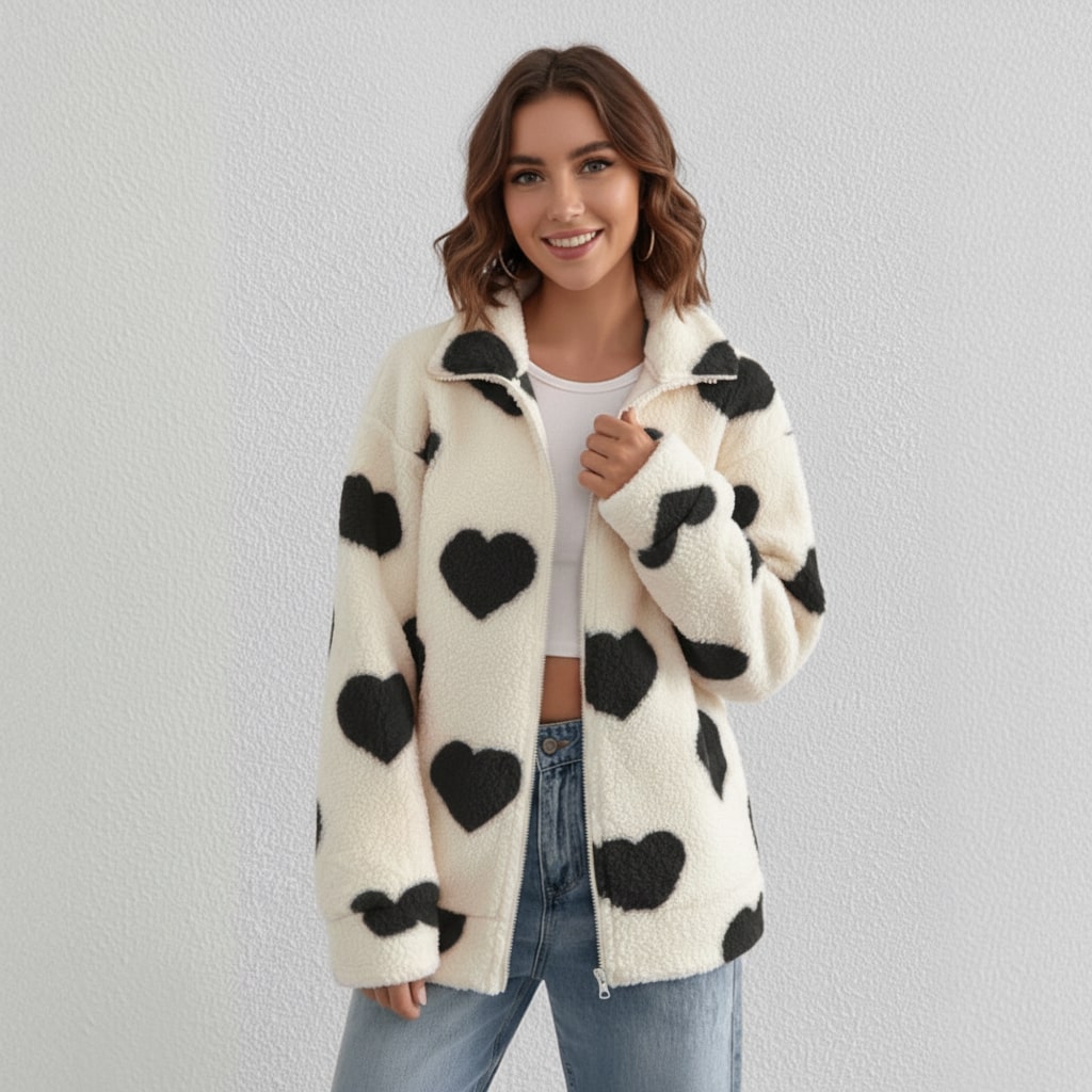 Lena | Fleece Dames Cardigan met Hartjesprint