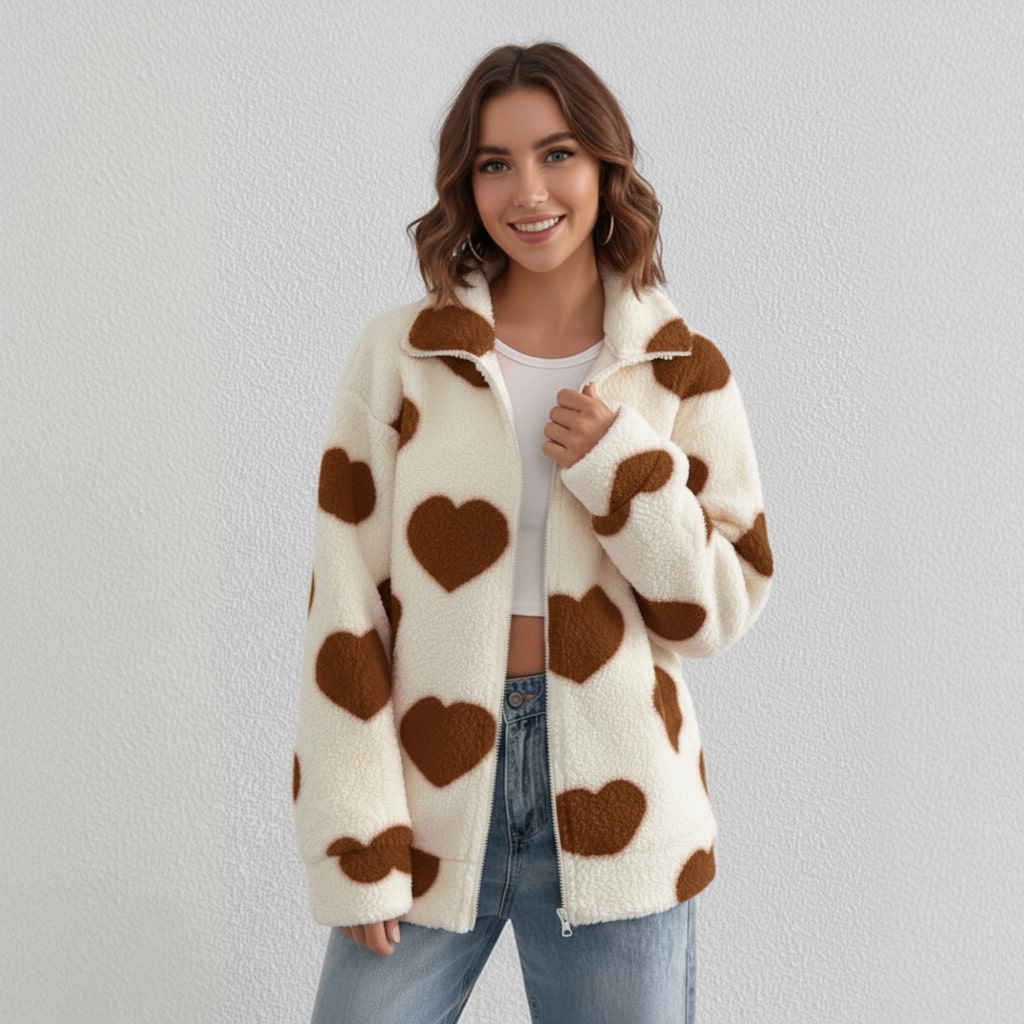 Lena | Fleece Dames Cardigan met Hartjesprint