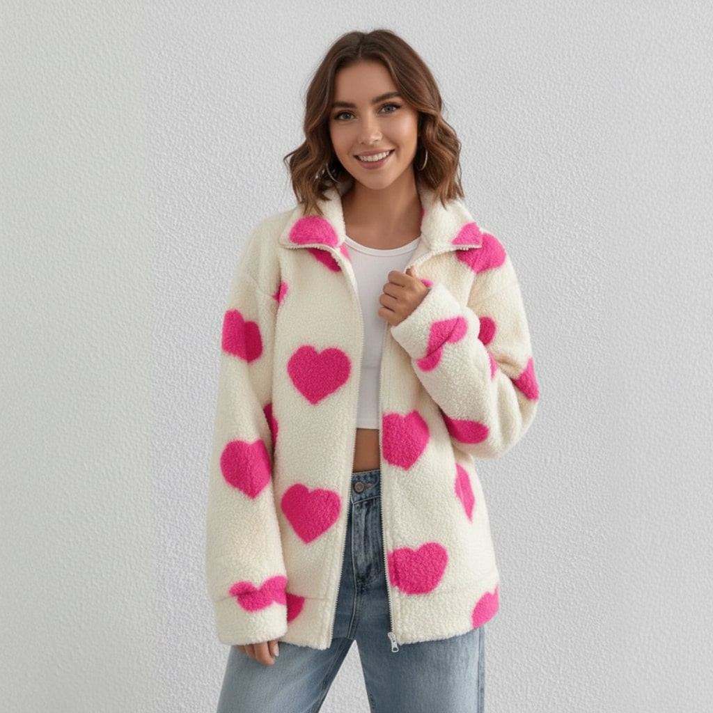 Lena | Fleece Dames Cardigan met Hartjesprint