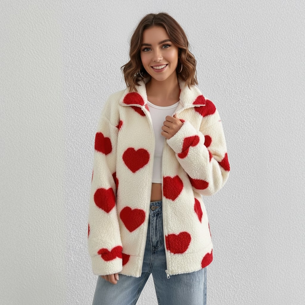 Lena | Fleece Dames Cardigan met Hartjesprint