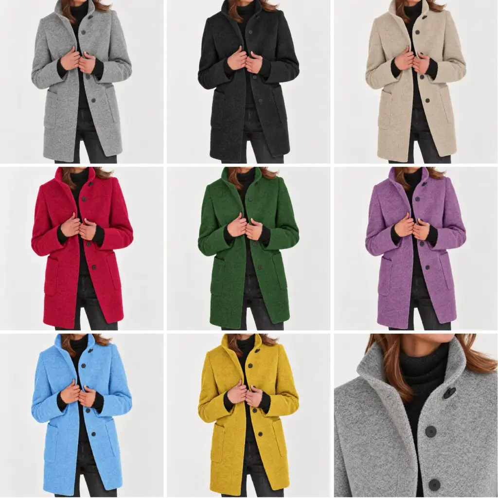 Isabella damesjas met hoge kraag in grijs, zwart, beige, rood, groen, paars, lichtblauw en geel, met detail van de kraag