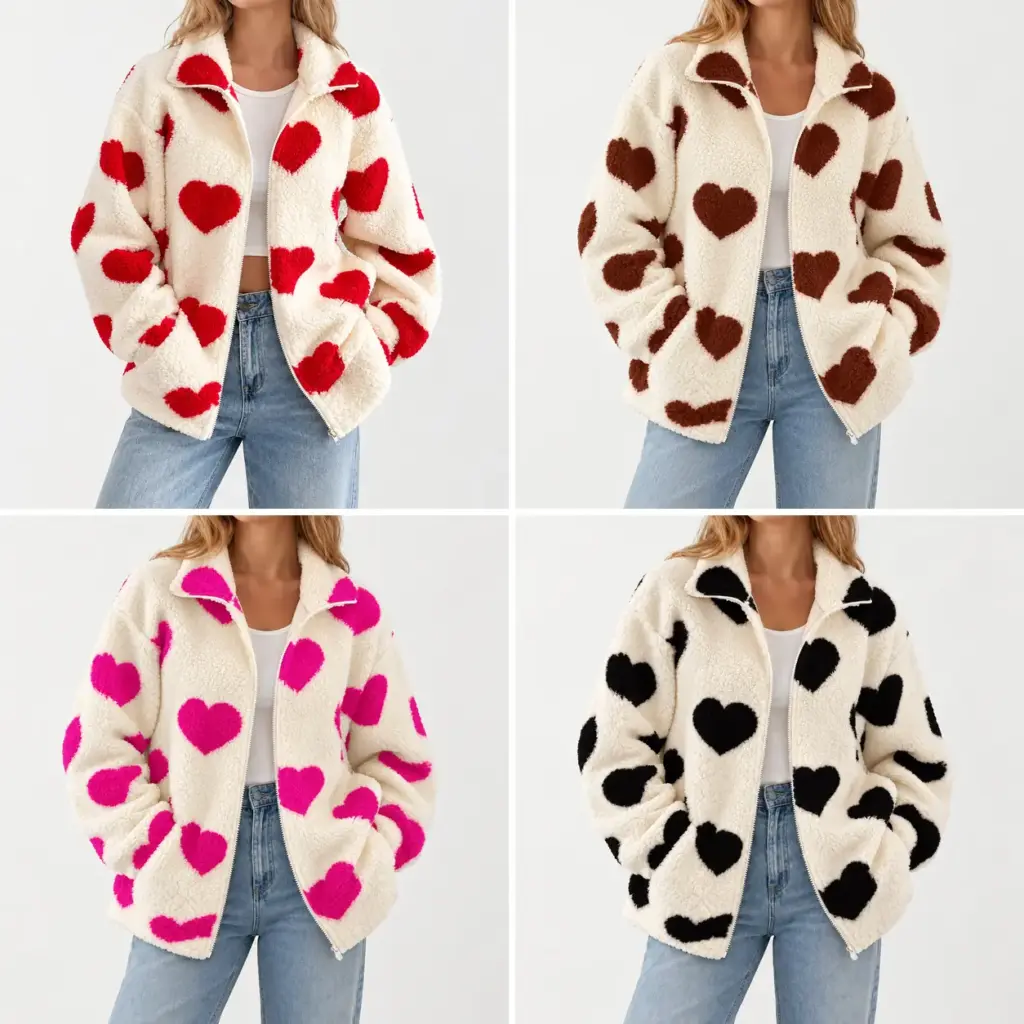 Lena fleece vest met hartjes in rood, khaki, roze en zwart