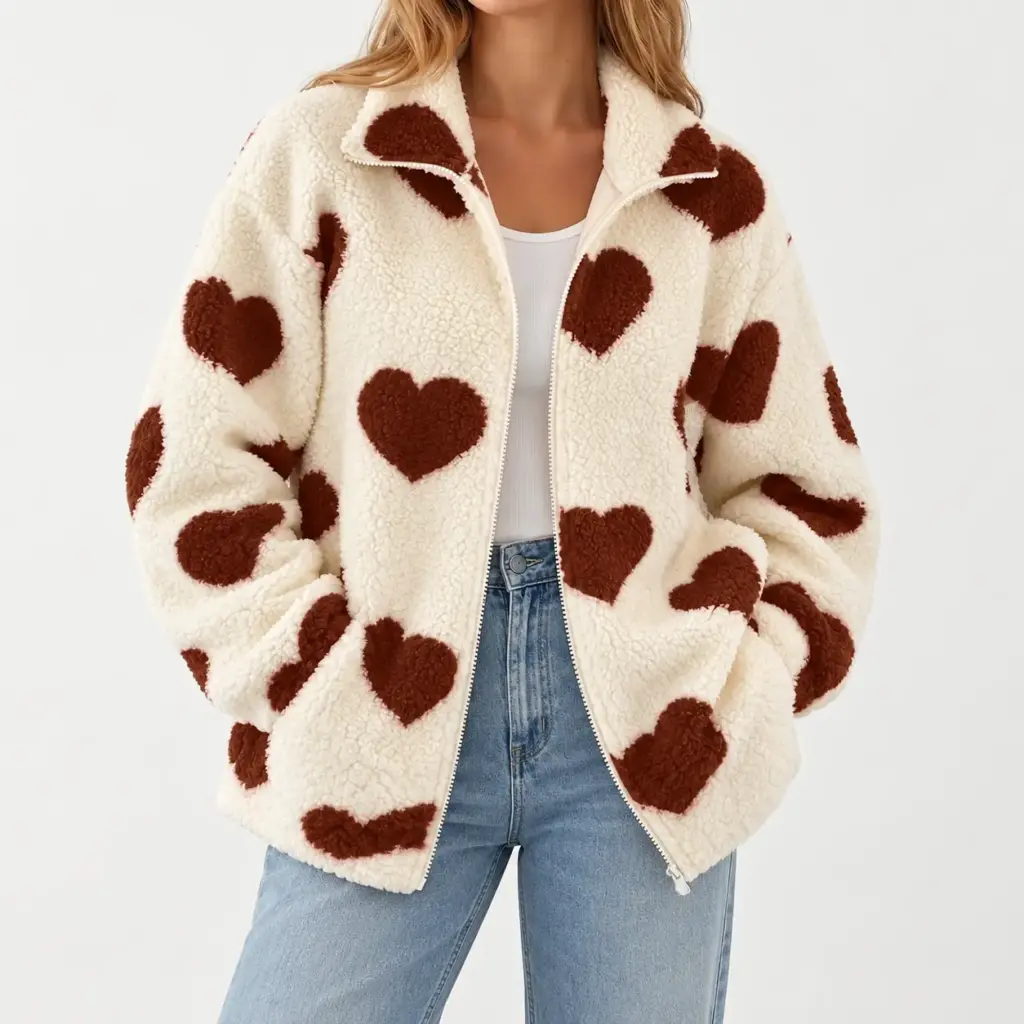 Lena fleece vest met hartjes in khaki, gedragen met een lichte jeans