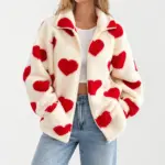 Lena fleece vest met hartjes in rood, gedragen met een lichte jeans