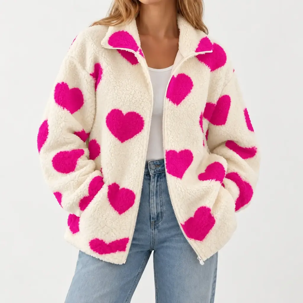 Lena fleece vest met hartjes in roze, gedragen met een lichte jeans