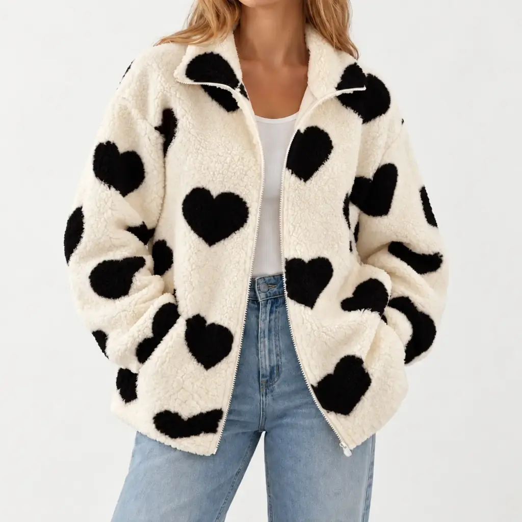 Lena fleece vest met hartjes in zwart, gedragen met een lichte jeans
