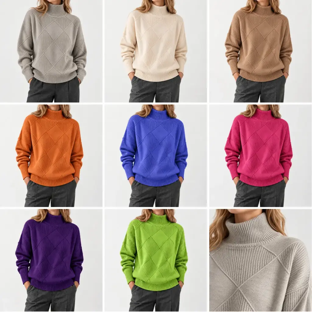 Lyselle coltrui met ruitpatroon in grijs, beige, bruin, oranje, blauw, roze, donkerpaars en groen, met detail van de col
