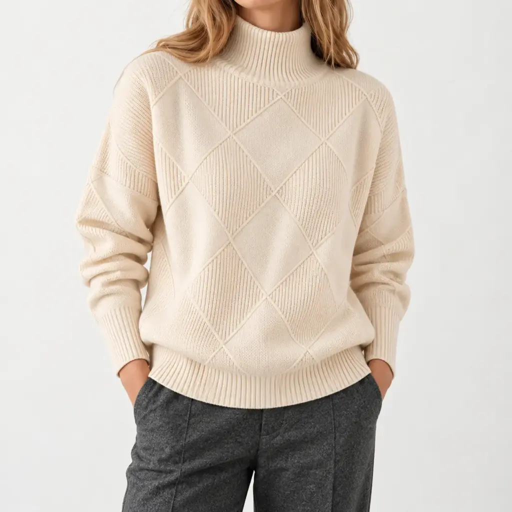 Lyselle coltrui met ruitpatroon in beige, gedragen met een grijze pantalon