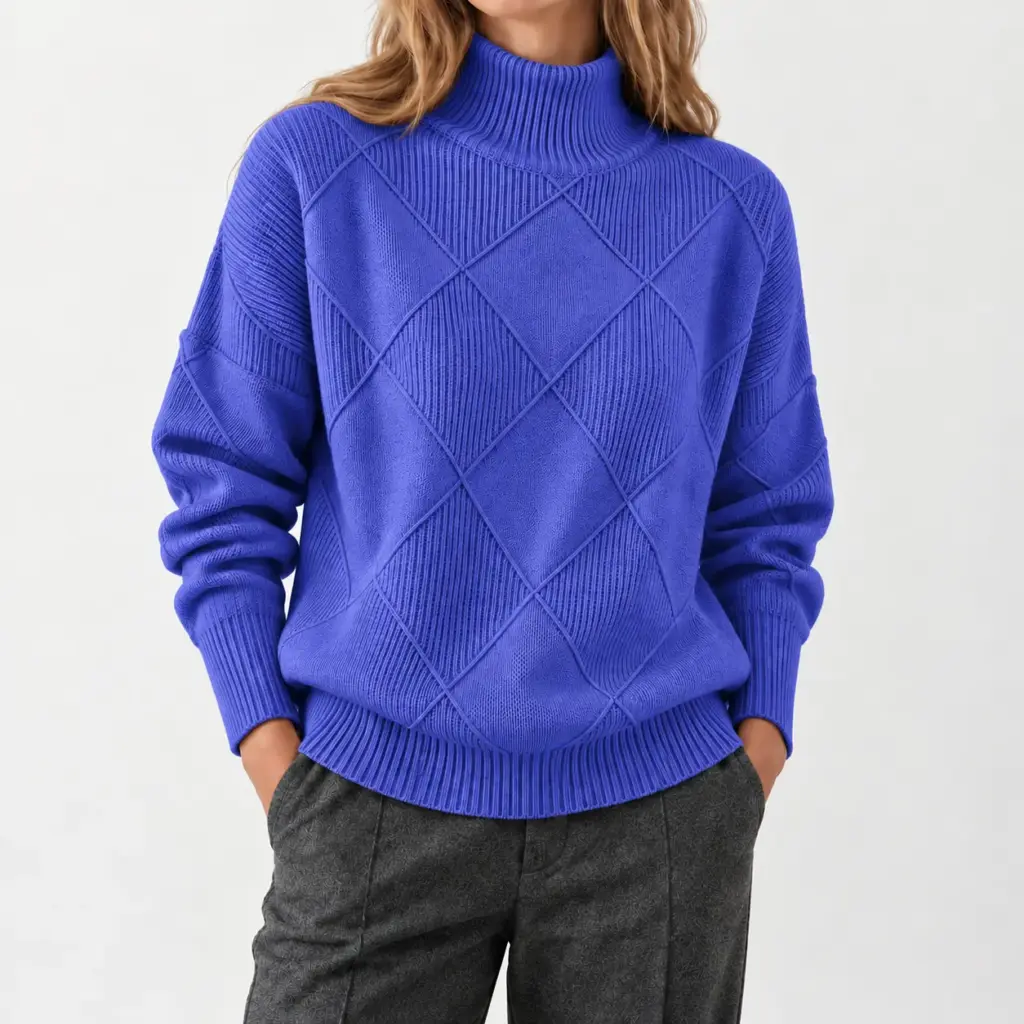 Lyselle coltrui met ruitpatroon in blauw, gedragen met een grijze pantalon