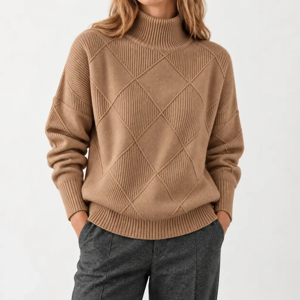 Lyselle coltrui met ruitpatroon in bruin, gedragen met een grijze pantalon