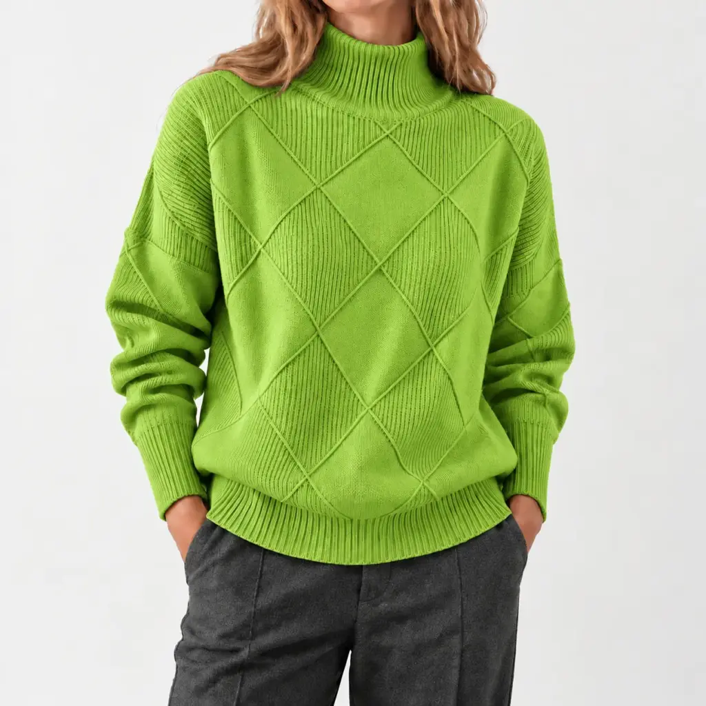 Lyselle coltrui met ruitpatroon in groen, gedragen met een grijze pantalon