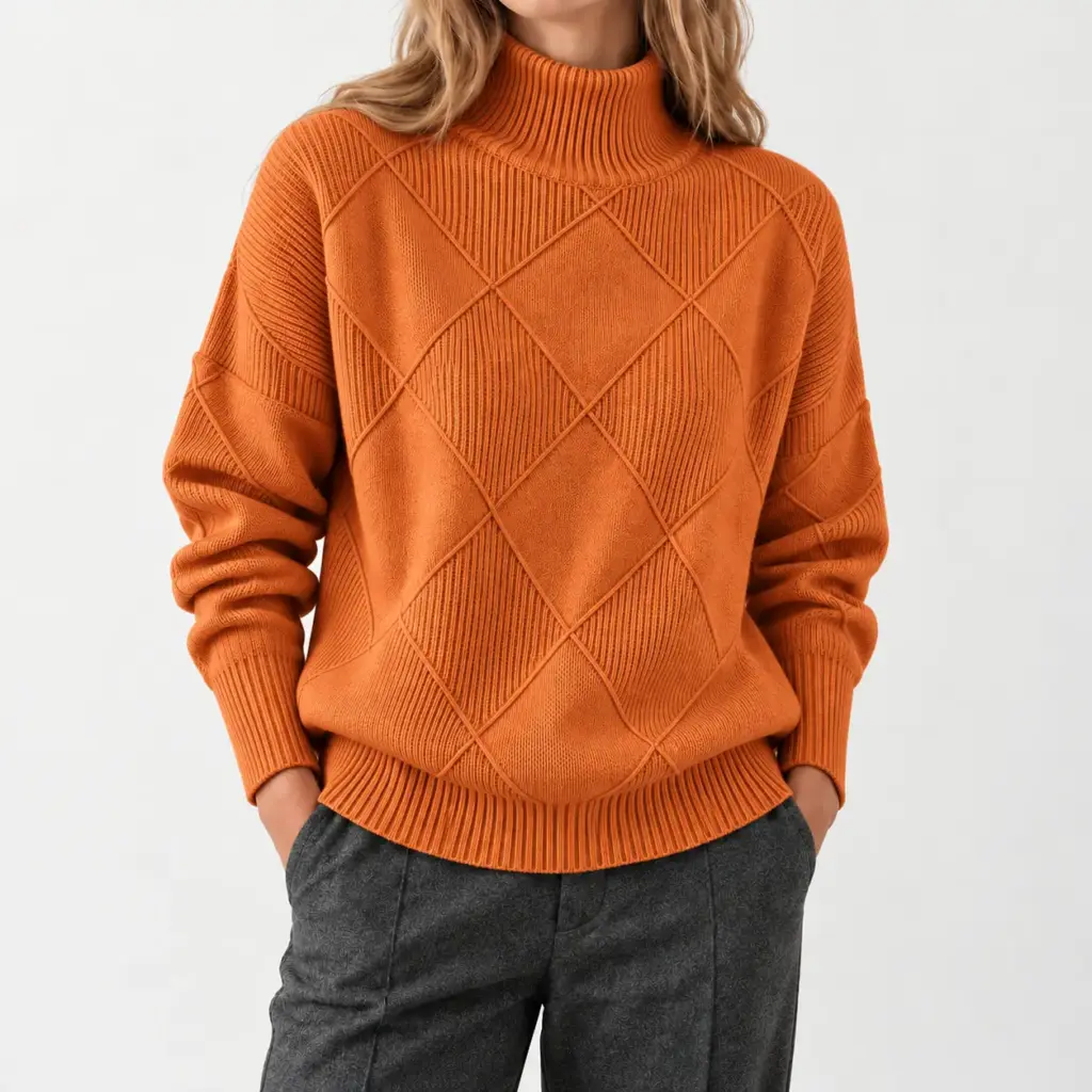 Lyselle coltrui met ruitpatroon in oranje, gedragen met een grijze pantalon