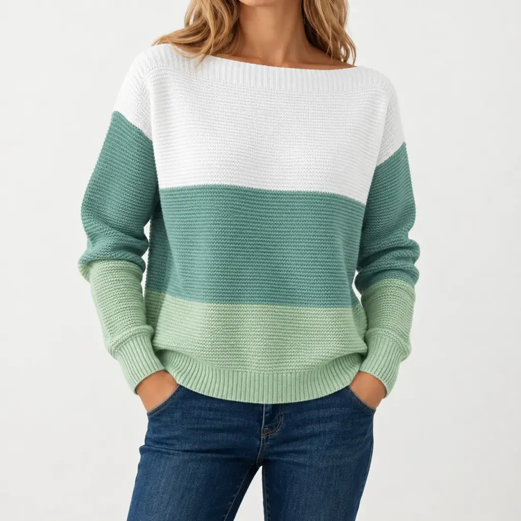 Mila trui met kleurvlakken in groen, gedragen met een donkerblauwe jeans