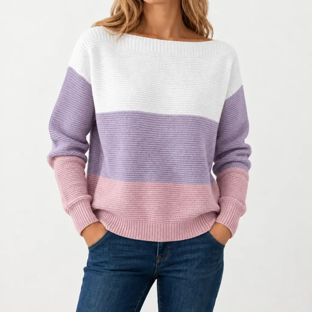 Mila trui met kleurvlakken in paars, gedragen met een donkerblauwe jeans