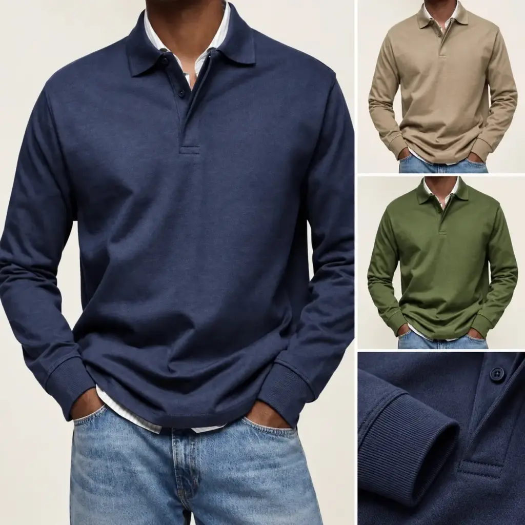 Polo met lange mouw in navy-blauw, beige en groen, met detail van stof, knoopjes en manchet