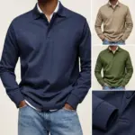 Polo met lange mouw in navy-blauw, beige en groen, met detail van stof, knoopjes en manchet