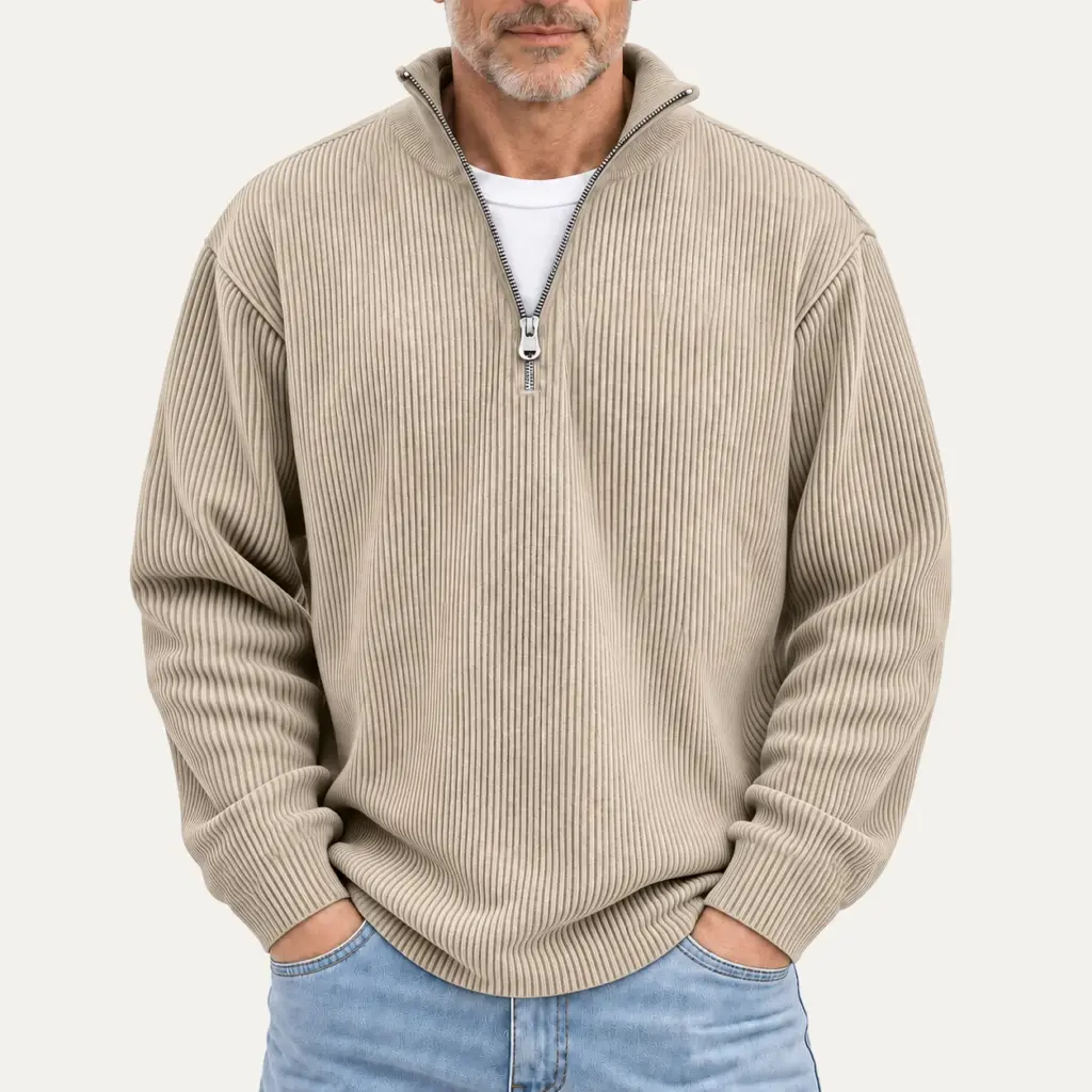 Ribgebreide trui met halve rits voor heren in beige
