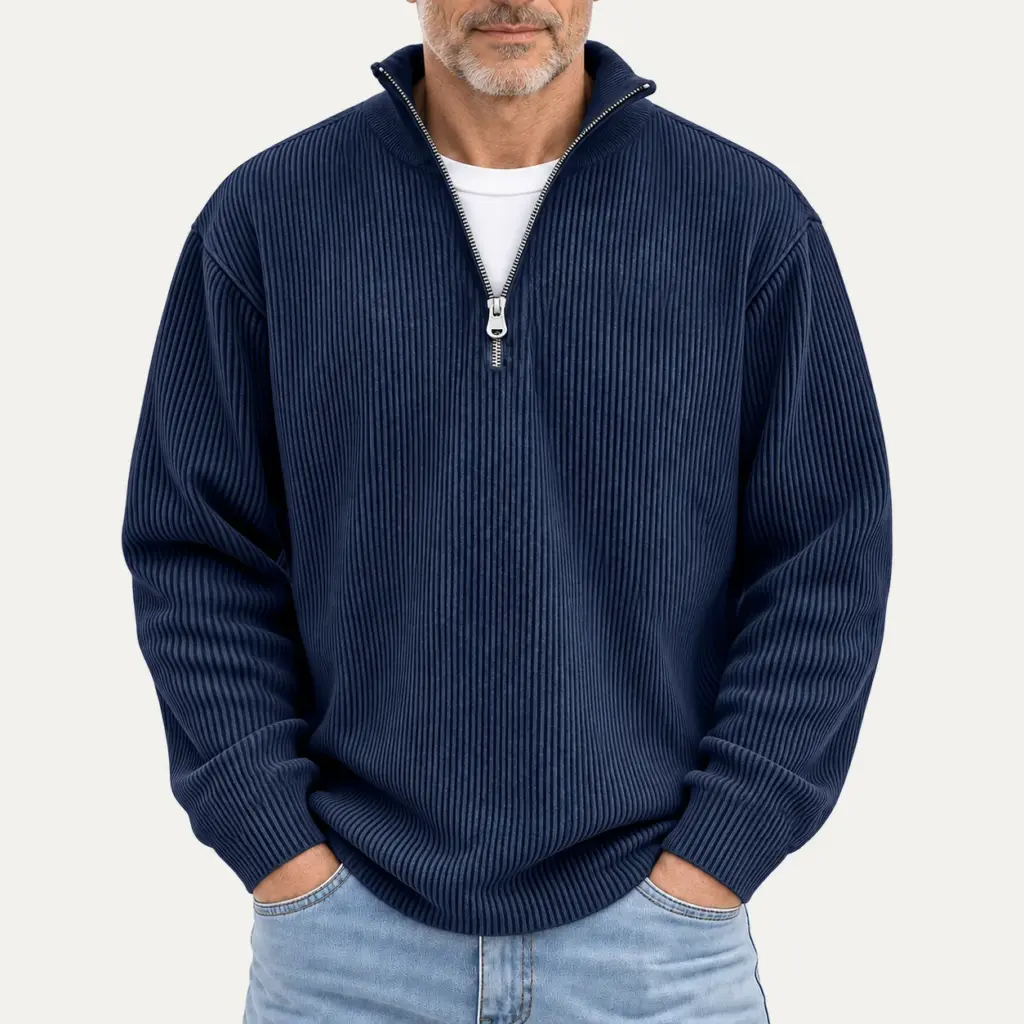 Ribgebreide trui met halve rits voor heren in navy blauw