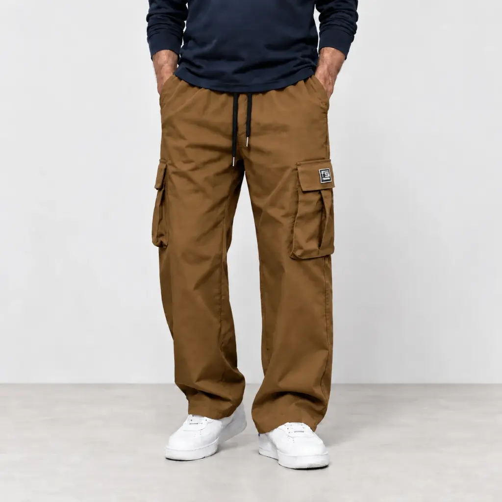 Cargobroek met elastische tailleband in bruin, gedragen met witte sneakers