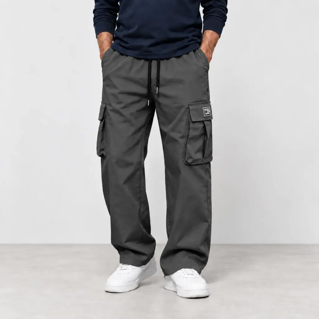Cargobroek met elastische tailleband in donkergrijs, gedragen met witte sneakers