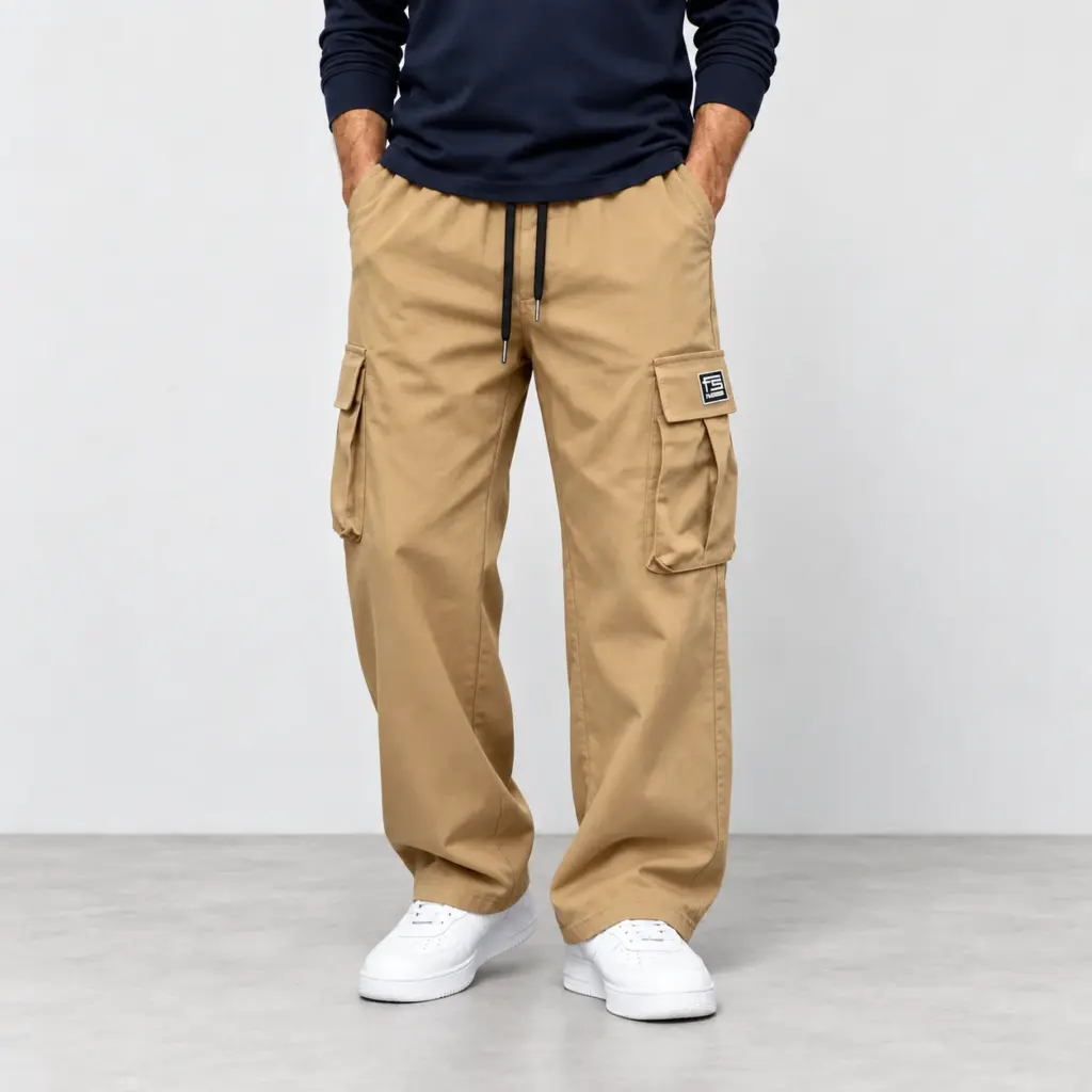 Cargobroek met elastische tailleband in khaki, gedragen met witte sneakers