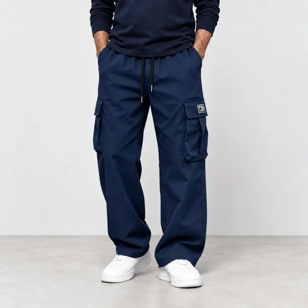Cargobroek met elastische tailleband in navy blauw, gedragen met witte sneakers