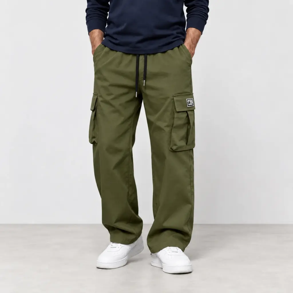 Cargobroek met elastische tailleband in olijfgroen, gedragen met witte sneakers