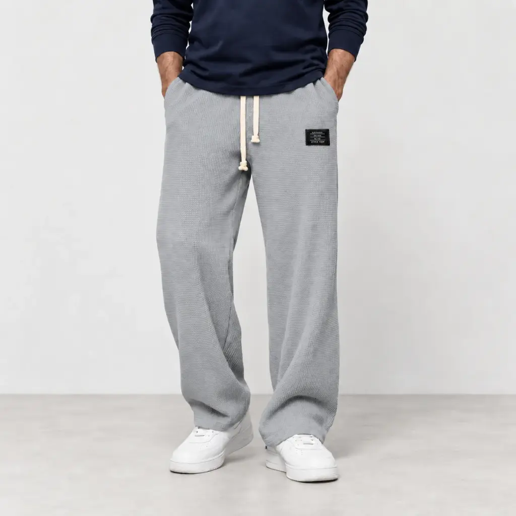 Comfortabele wafelbroek met wijde pijp in grijs, gedragen met witte sneakers