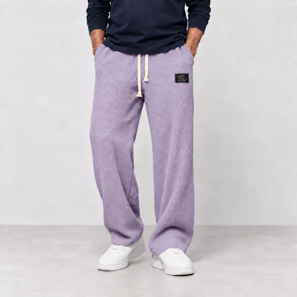 Comfortabele wafelbroek met wijde pijp in lila, gedragen met witte sneakers