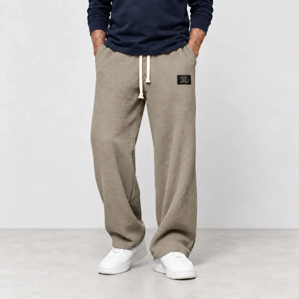 Comfortabele wafelbroek met wijde pijp in taupe, gedragen met witte sneakers
