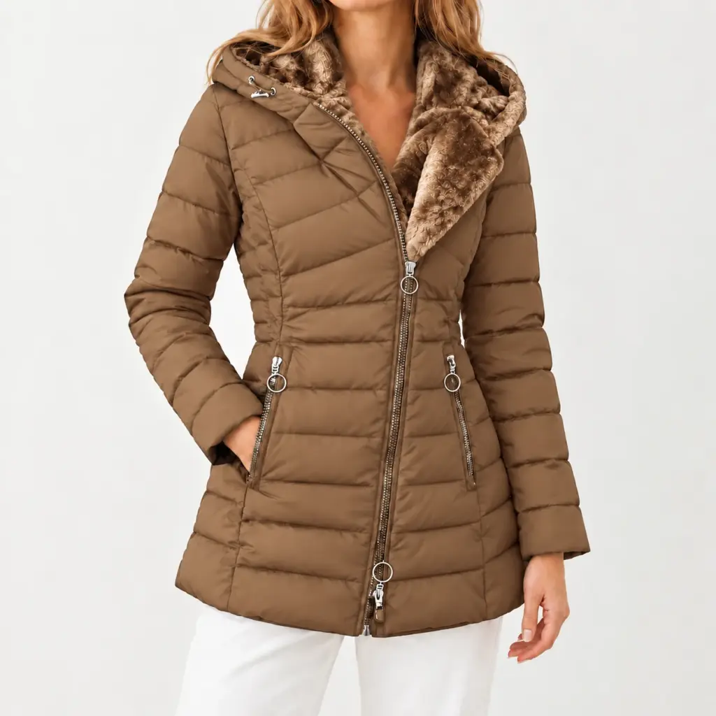 Fenna gewatteerde winterjas met capuchon in camel, gedragen met een witte broek