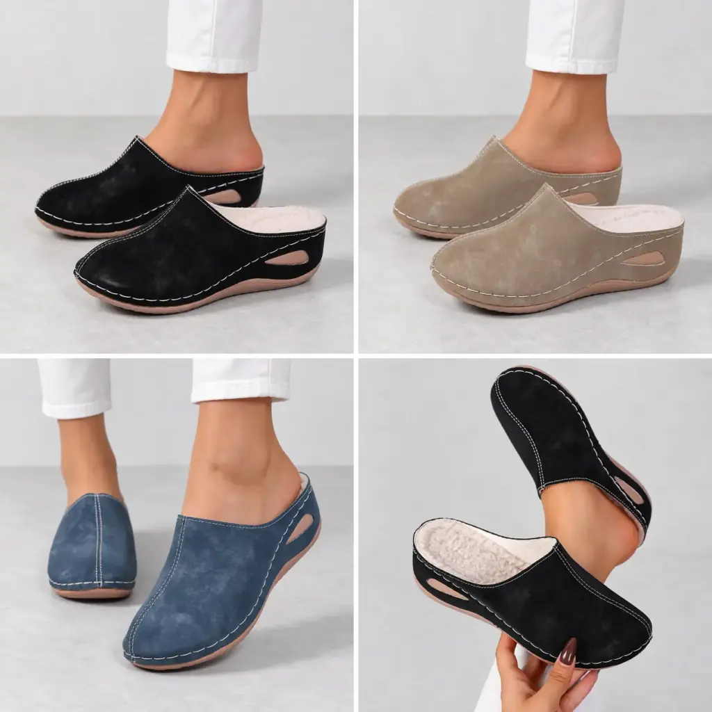 Gevoerde pantoffels met sleehak voor dames in zwart, khaki en blauw, en de zachte voering