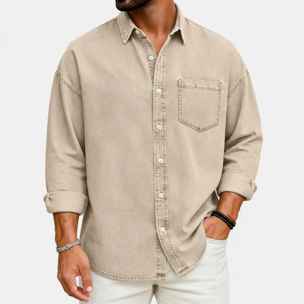 Overhemd met borstzak heren in beige