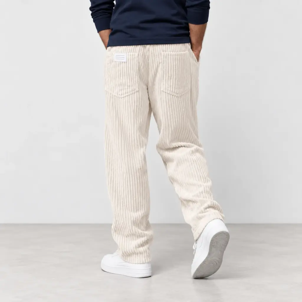 Ribbroek met rechte pijp in crème, van achteren gezien, met witte sneakers