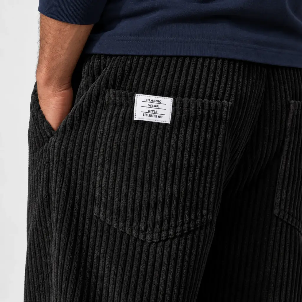 Ribbroek met rechte pijp: detail van de brede rib, de achterzak en het label
