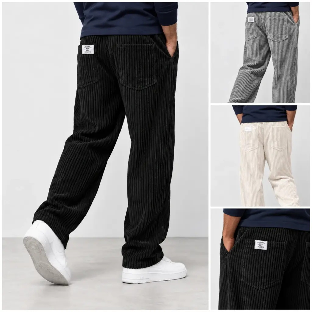 Ribbroek met rechte pijp in zwart, grijs en crème, met detail van de brede rib en het label