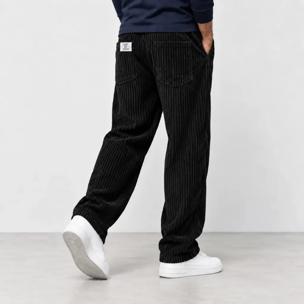 Ribbroek met rechte pijp in zwart, van achteren gezien, met witte sneakers