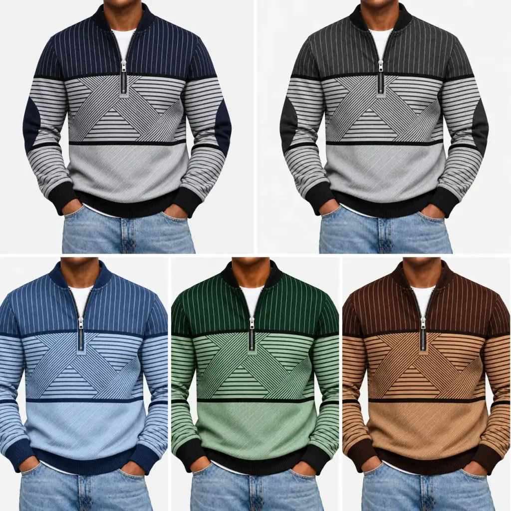 Sweater met halve rits en print voor heren in navy blauw, grijs, blauw, groen en bruin