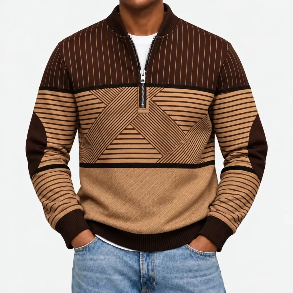 Sweater met halve rits en print voor heren in bruin, gedragen met een lichte jeans