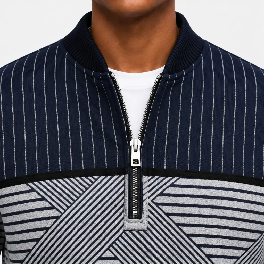 Sweater met halve rits en print: opstaande kraag en halve rits van dichtbij