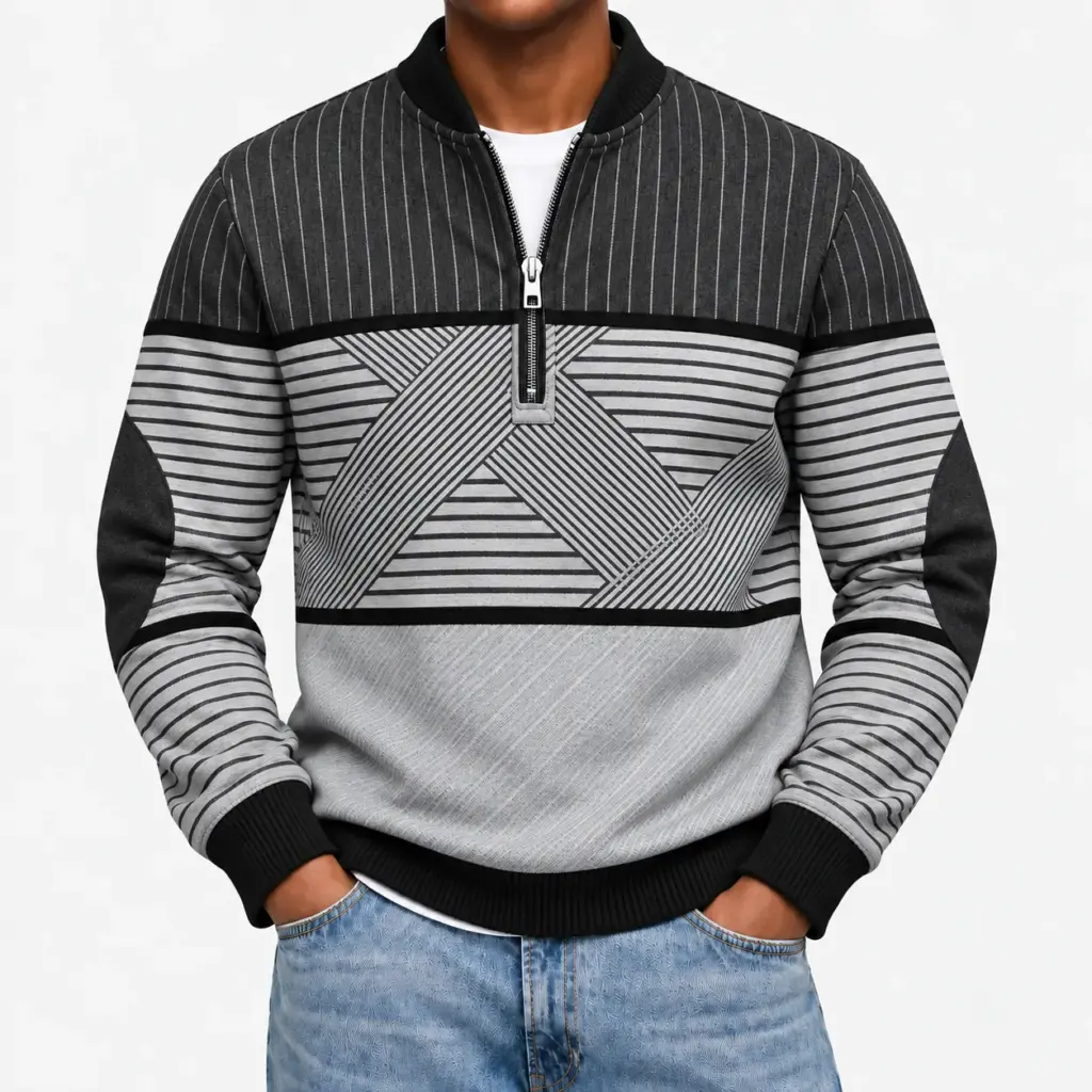 Sweater met halve rits en print voor heren in grijs, gedragen met een lichte jeans