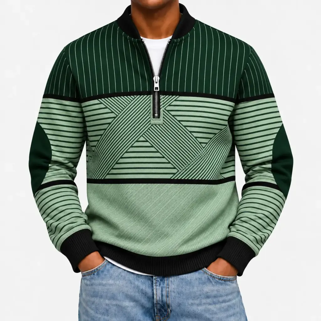 Sweater met halve rits en print voor heren in groen, gedragen met een lichte jeans