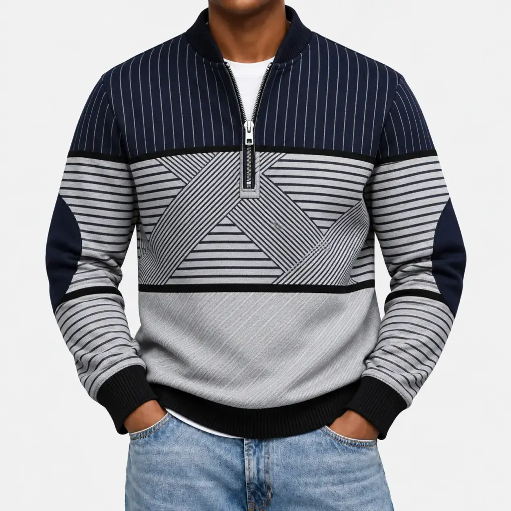 Sweater met halve rits en print voor heren in navy blauw, gedragen met een lichte jeans