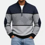 Sweater met halve rits en print voor heren in navy blauw, gedragen met een lichte jeans