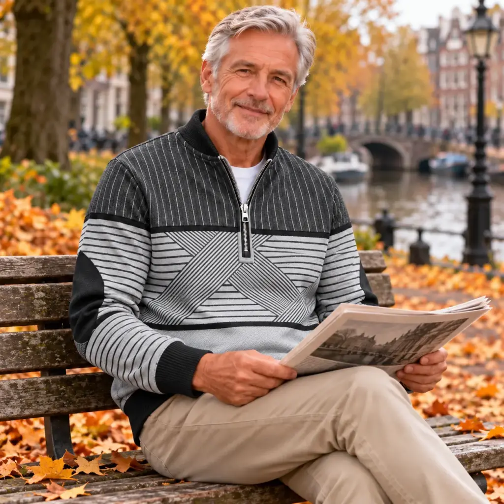 Man op een bankje in het park met de grijze sweater met halve rits en print